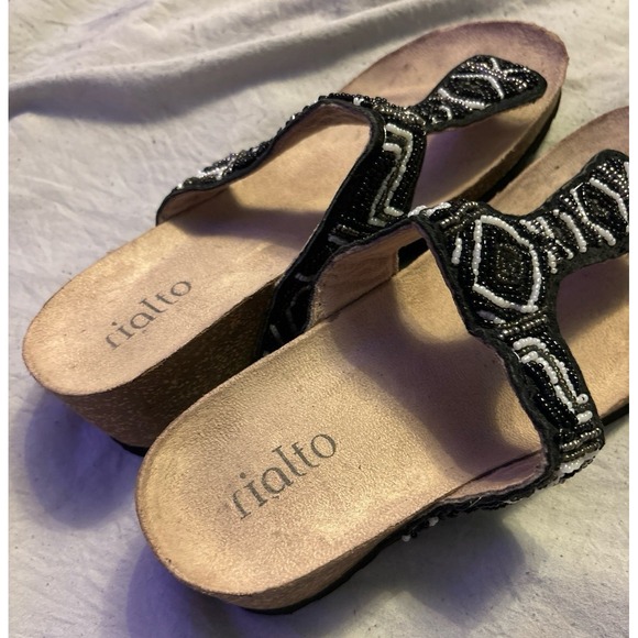 Rialto‎ Black & White Beaded Leather Thong Wedge Heel Sandals, Size 6 - Picture 3 of 6